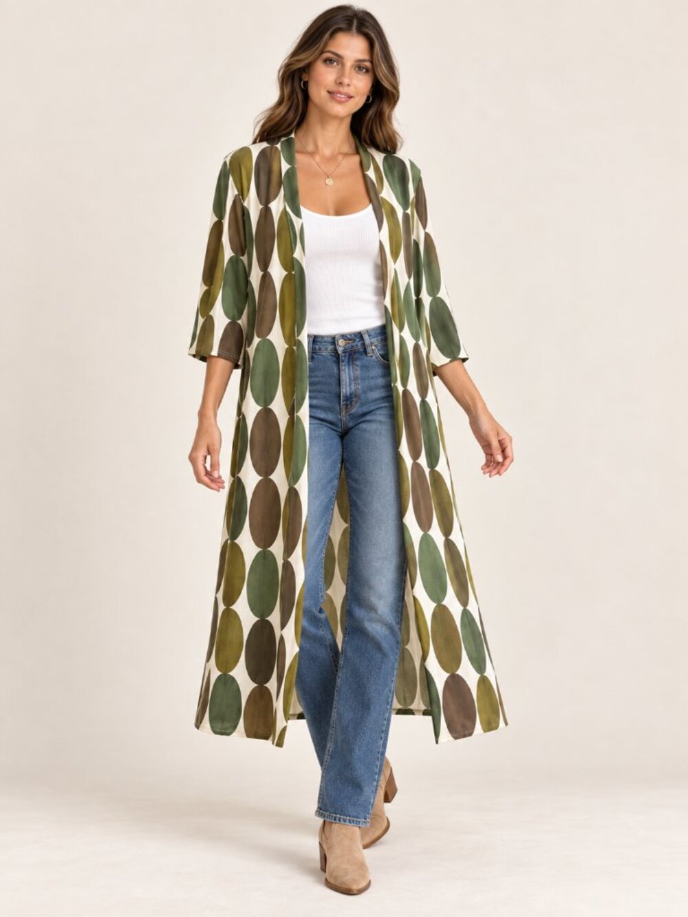 Women’s M/L Retro Geometric Midi Kimono Green Brown Olive 3/4 Sleeve